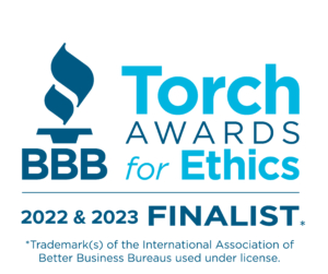 BBB Torch Awards for Ethics 2022 and 2023 Finalist badge with blue torch icon