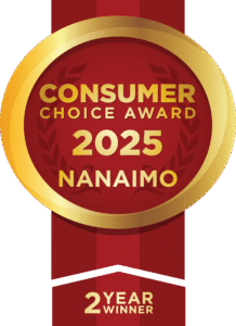 Consumer Choice Award 2025 Nanaimo badge with gold ribbon and 2-year winner label