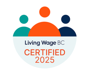 Living Wage BC Certified 2025 badge with three stylized human figures