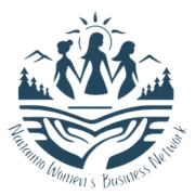 Nanaimo Women’s Business Network logo with three women holding hands, mountains, trees, and open hands